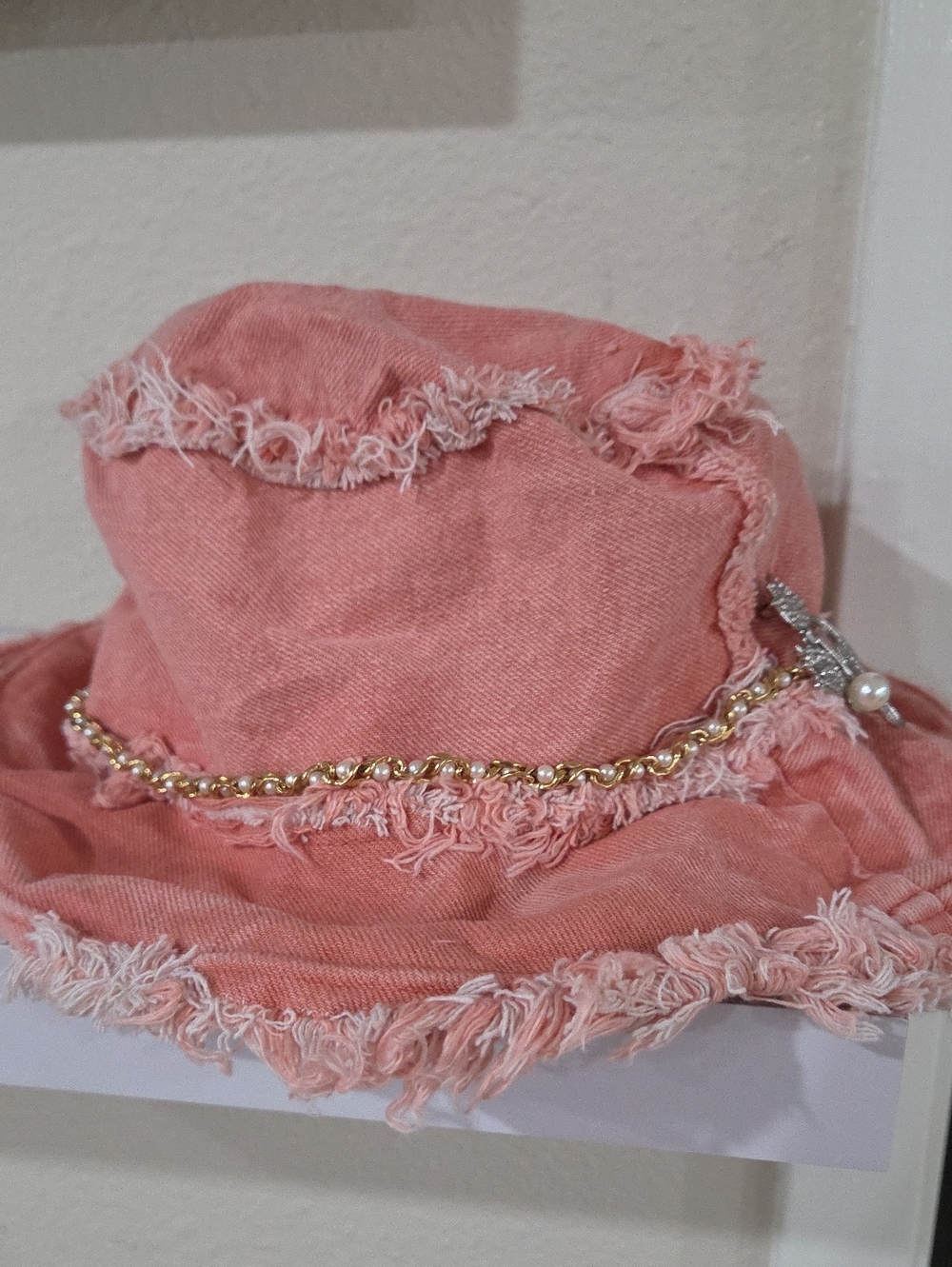 Frayed Coral Pink Bucket Hat with Gold Chain Accent